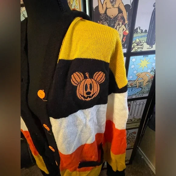 Her Universe Disney Halloween Striped Cardigan Sweater Women's Cozy Knit - Picture 2 of 5